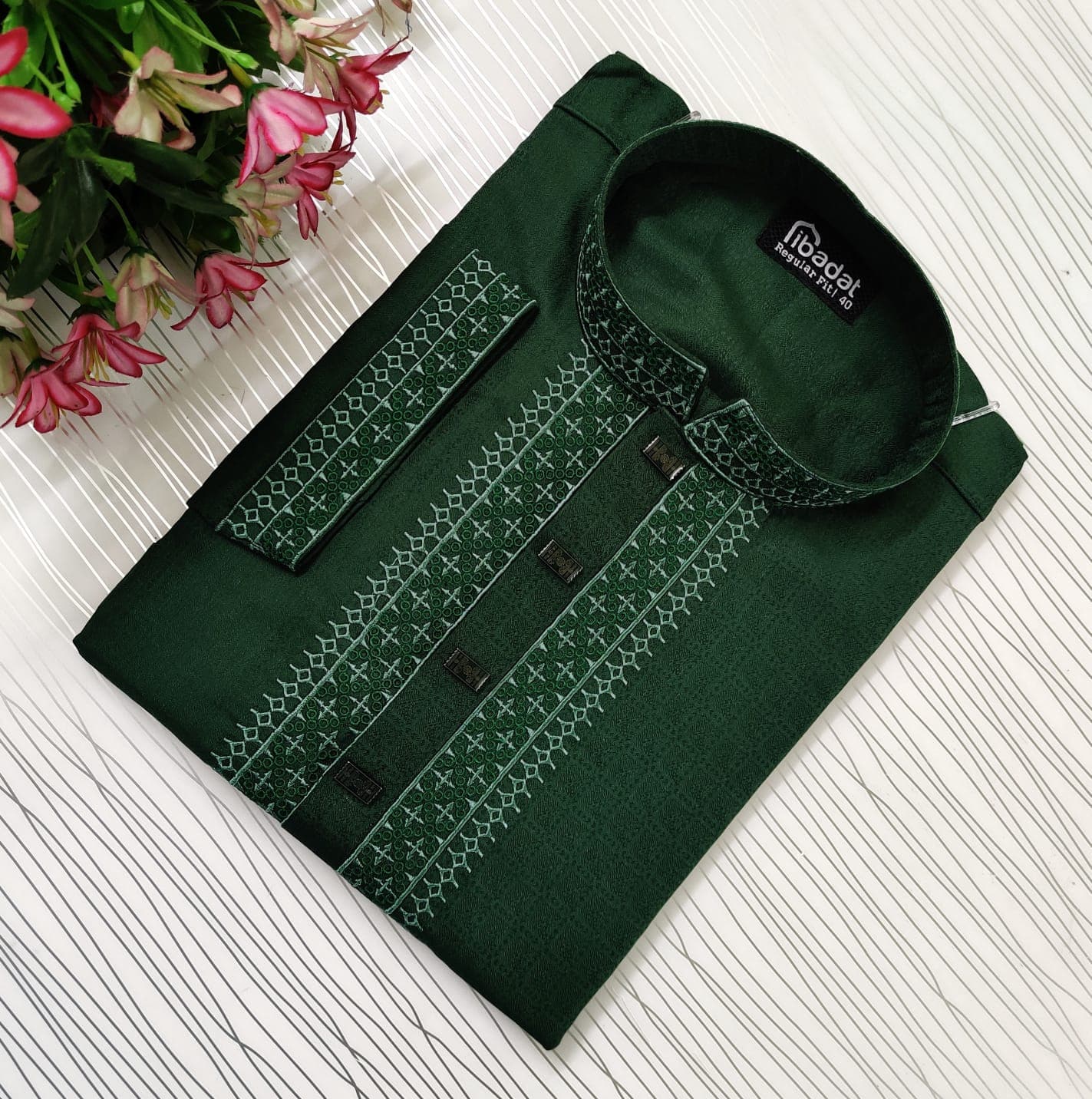 Deep Green Color Embroidered Cotton Panjabi- 008