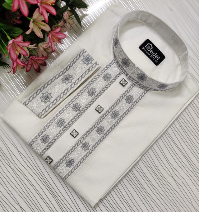 White Check Embroidered Cotton Panjabi- 010